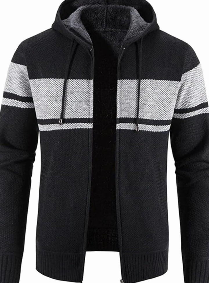 Men's Fleece-Lined Hooded Full-Zip Front Cardigan Sweater - Black Grey