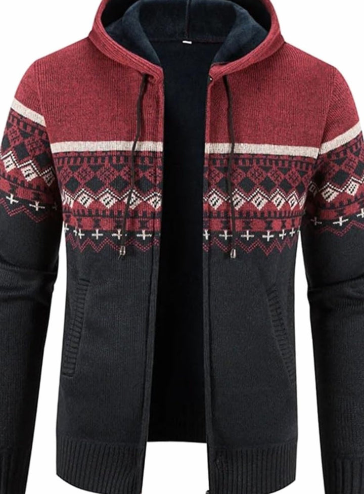 Men's Fleece-Lined Hooded Full-Zip Front Cardigan Sweater - Red