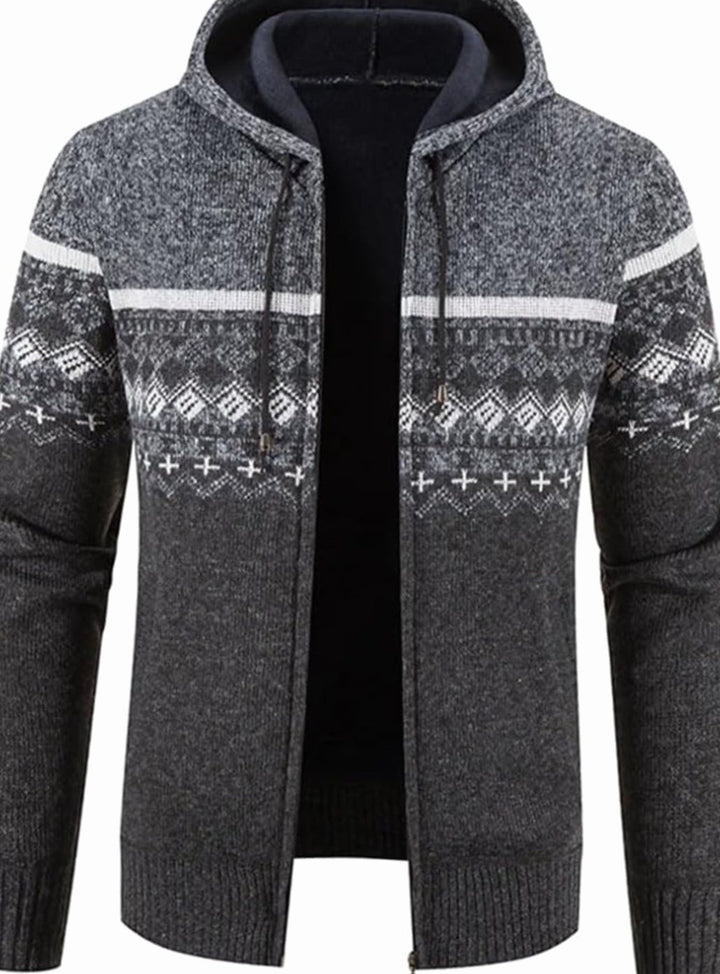 Men's Fleece-Lined Hooded Full-Zip Front Cardigan Sweater - White Grey