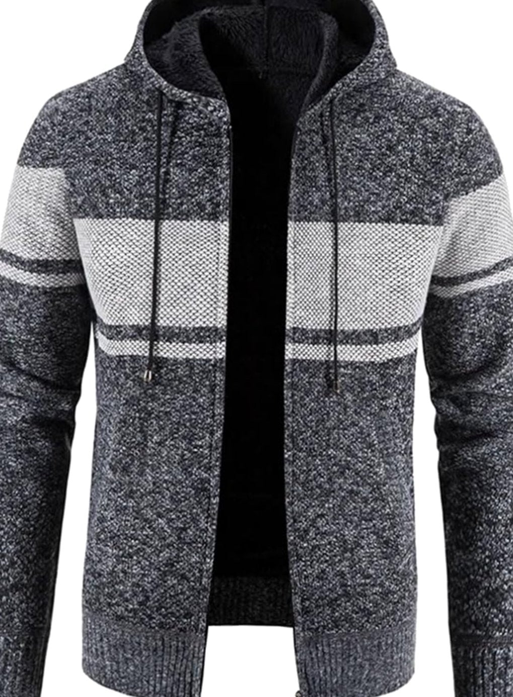 Men's Fleece-Lined Hooded Full-Zip Front Cardigan Sweater - Grey