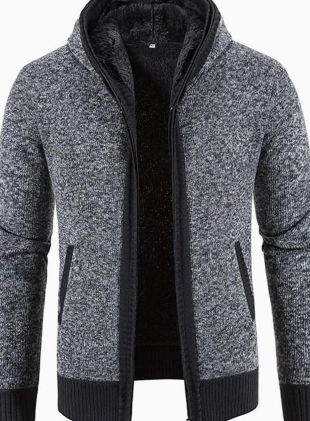 Men's Fleece-Lined Hooded Full-Zip Front Cardigan Sweater - Solid Grey