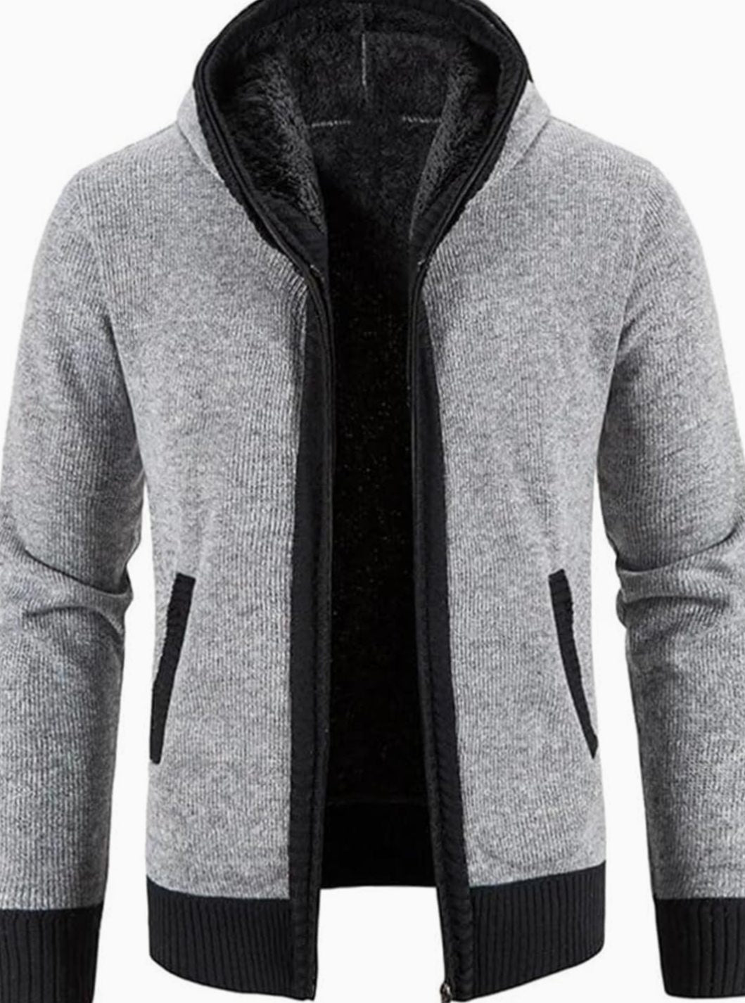Men's Fleece-Lined Hooded Full-Zip Front Cardigan Sweater - Solid Light Grey