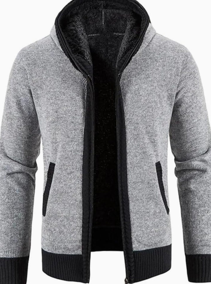 Men's Fleece-Lined Hooded Full-Zip Front Cardigan Sweater - Solid Light Grey