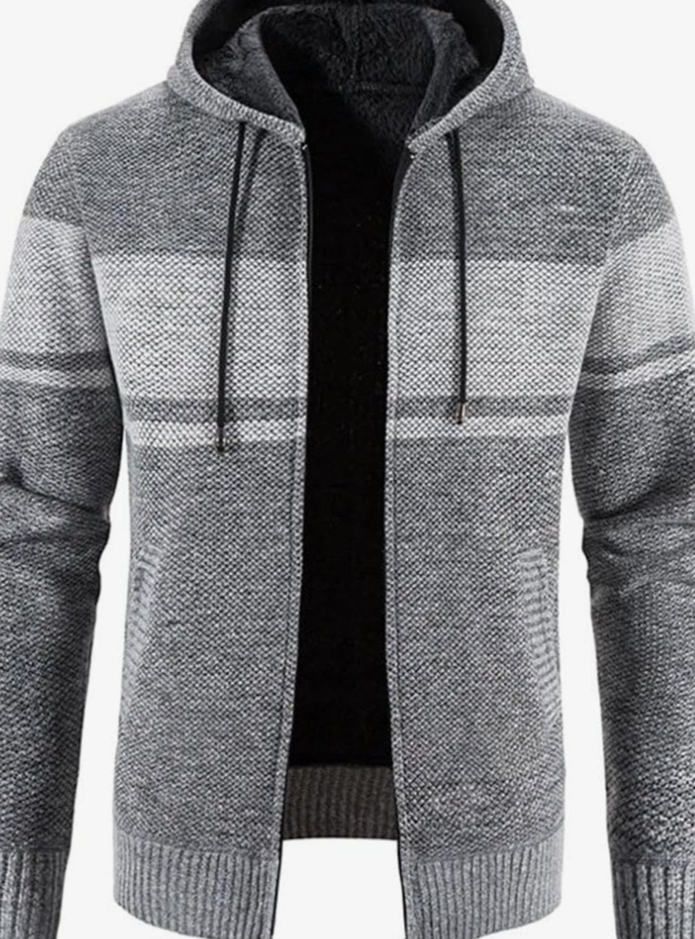 Men's Fleece-Lined Hooded Full-Zip Front Cardigan Sweater - Light Grey