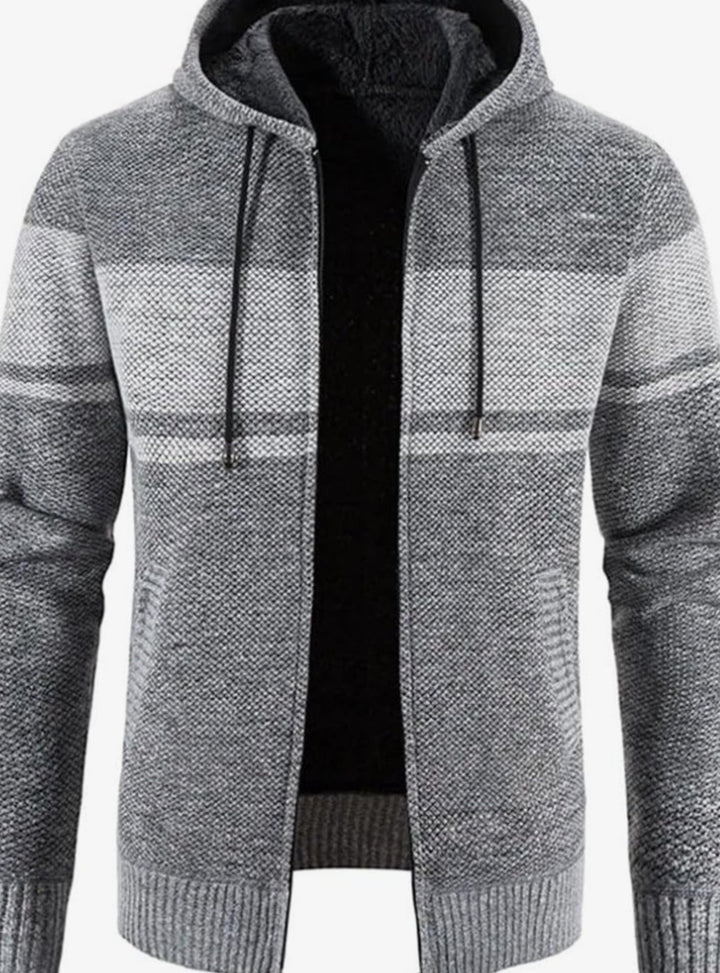 Men's Fleece-Lined Hooded Full-Zip Front Cardigan Sweater - Light Grey