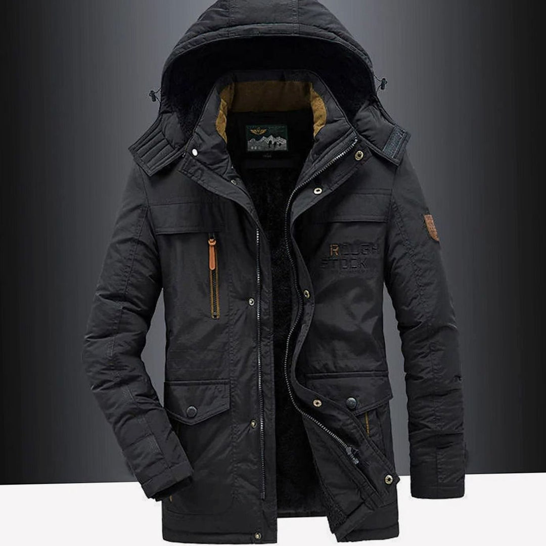Men's Fleece-Lined Hooded Multi-Pocket Heavy-Duty Winter Jackets - Black