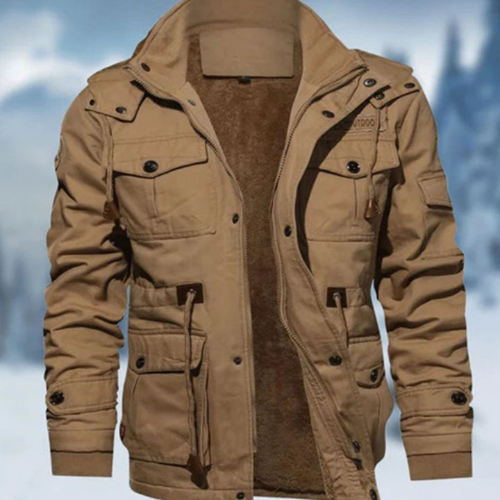 Men's Fleece-Lined Multi-Pocket Military Bomber Jacket - Beige