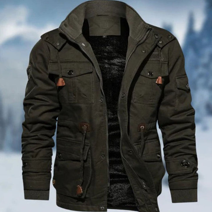 Men's Fleece-Lined Multi-Pocket Military Bomber Jacket - Green