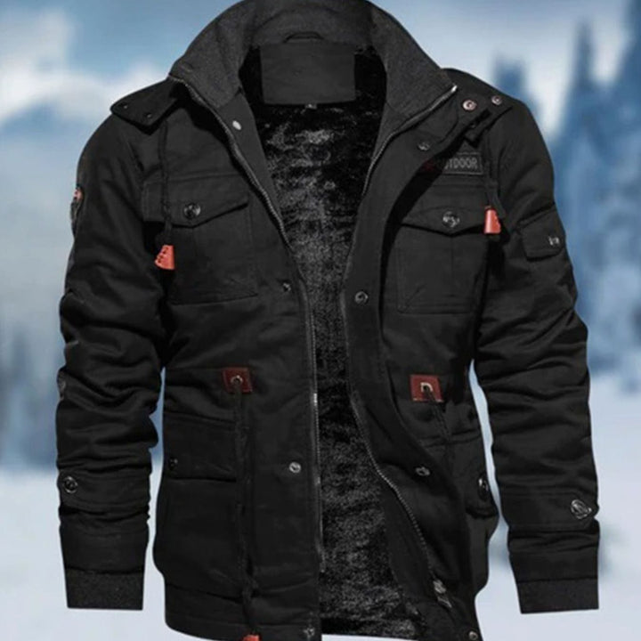 Men's Fleece-Lined Multi-Pocket Military Bomber Jacket - Black