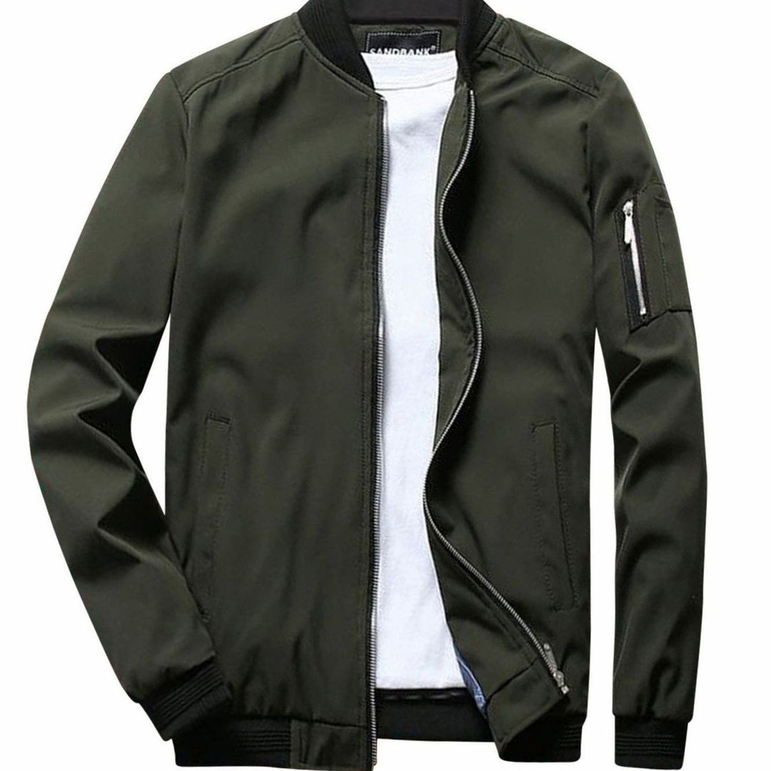 Men's Full-Zip Bomber Front Jacket Ribbed-Collar Sleeve-Pocket - Army Green