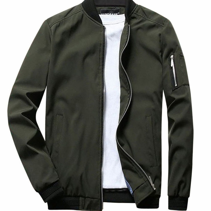 Men's Full-Zip Bomber Front Jacket Ribbed-Collar Sleeve-Pocket - Army Green