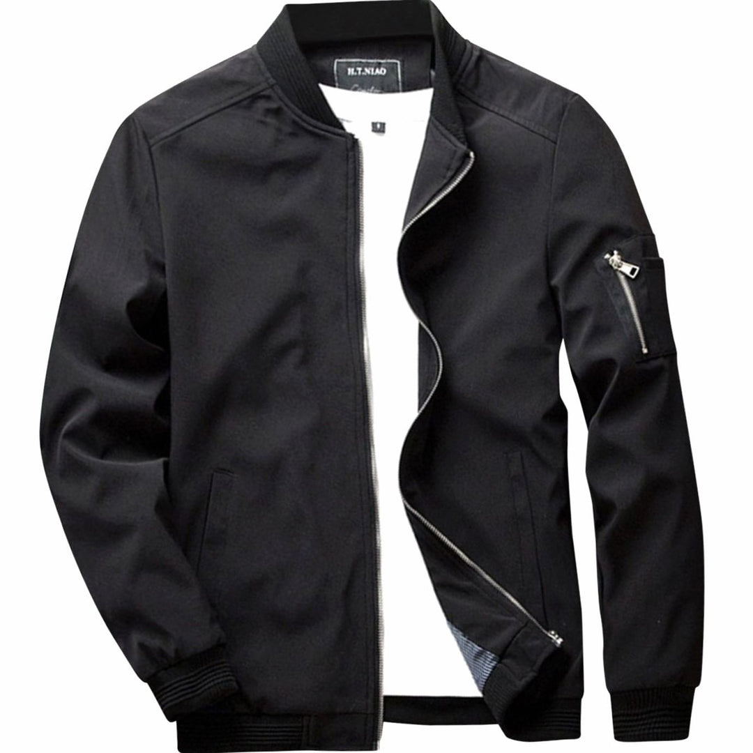 Men's Full-Zip Bomber Front Jacket Ribbed-Collar Sleeve-Pocket - Black