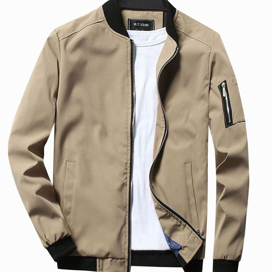 Men's Full-Zip Bomber Front Jacket Ribbed-Collar Sleeve-Pocket - Khaki
