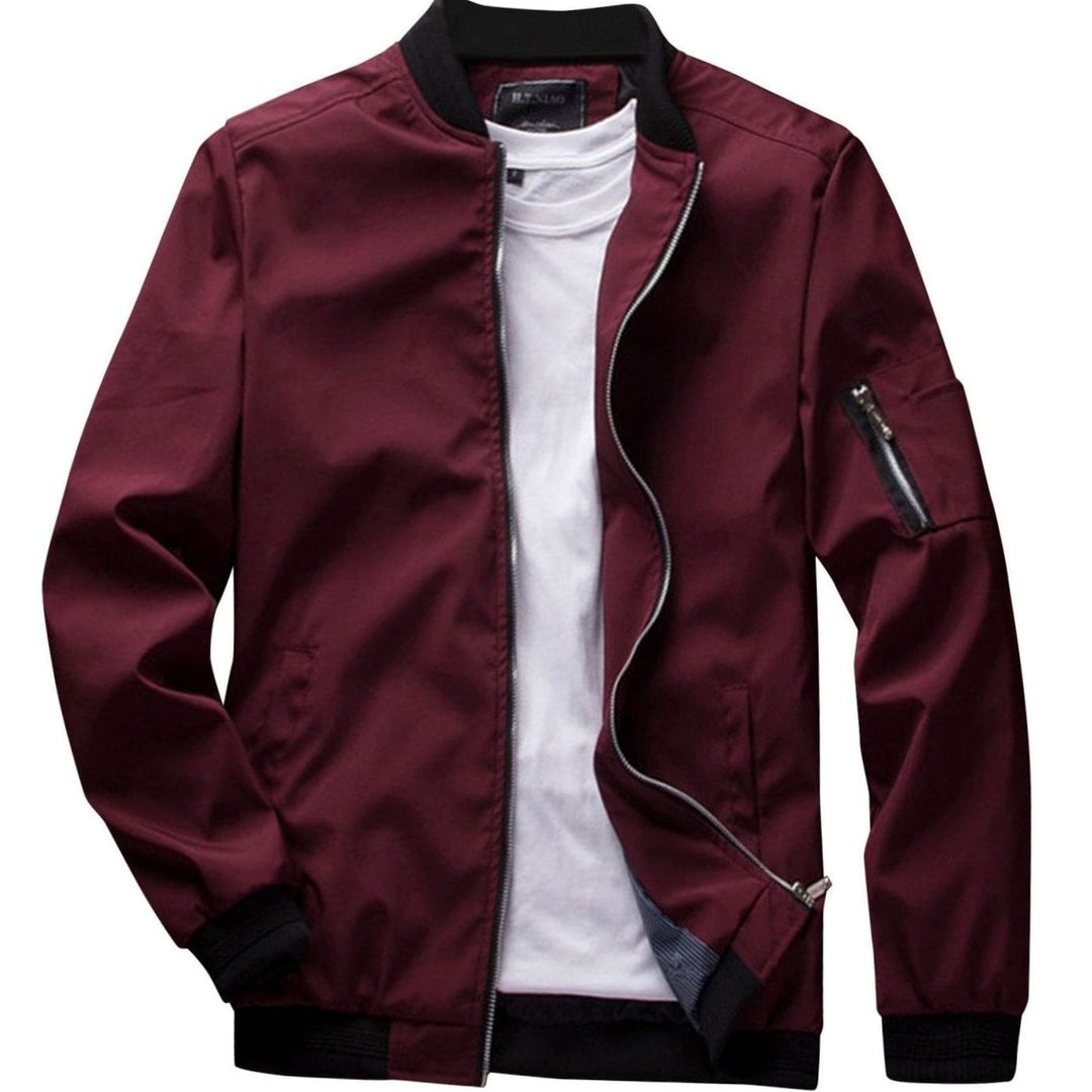 Men's Full-Zip Bomber Front Jacket Ribbed-Collar Sleeve-Pocket - Burgundy