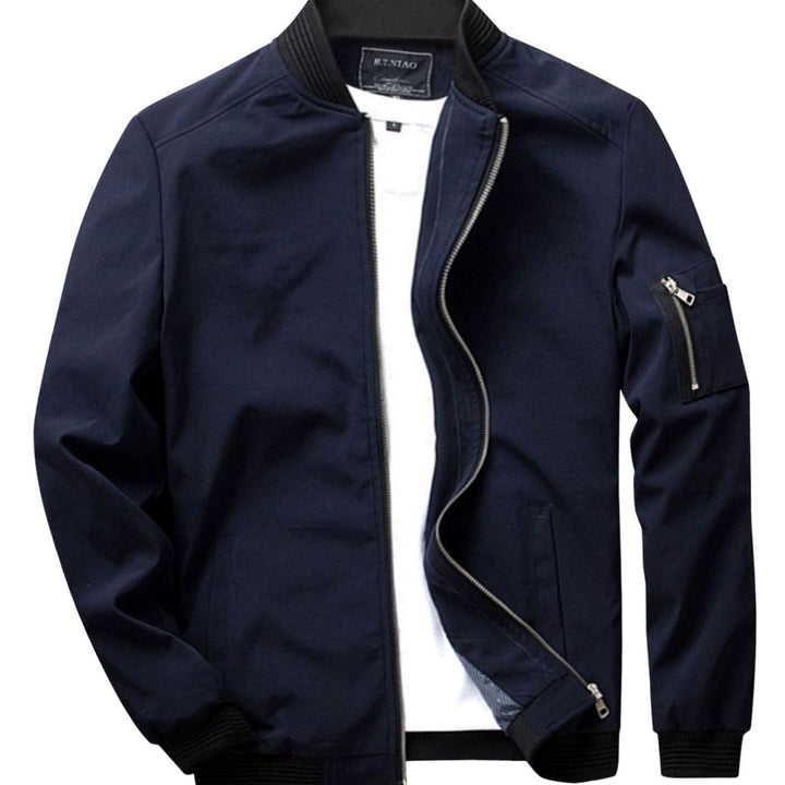 Men's Full-Zip Bomber Front Jacket Ribbed-Collar Sleeve-Pocket - Dark Blue