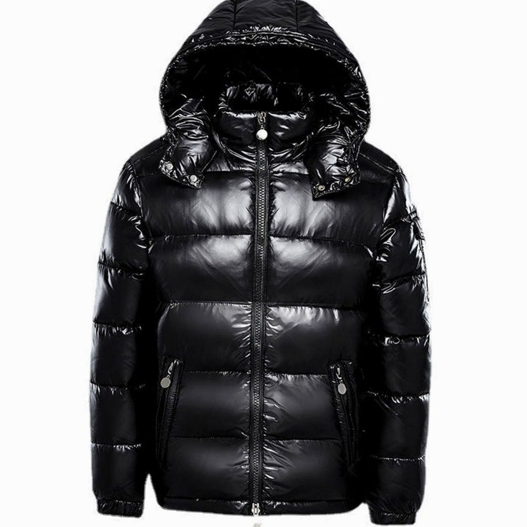 Men's Hooded Glossy Quilted Jacket Full-Zip Puffer - Black