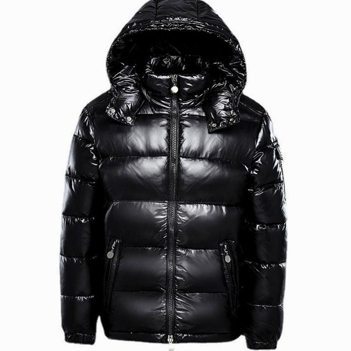 Men's Hooded Glossy Quilted Jacket Full-Zip Puffer - Black