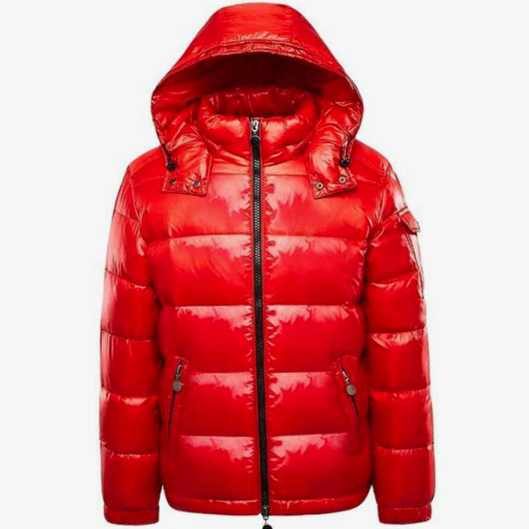 Men's Hooded Glossy Quilted Jacket Full-Zip Puffer - Red