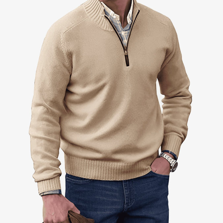 Men's Knitted Half-Zip Pullover Sweater Ribbed Stand Collar - Brown