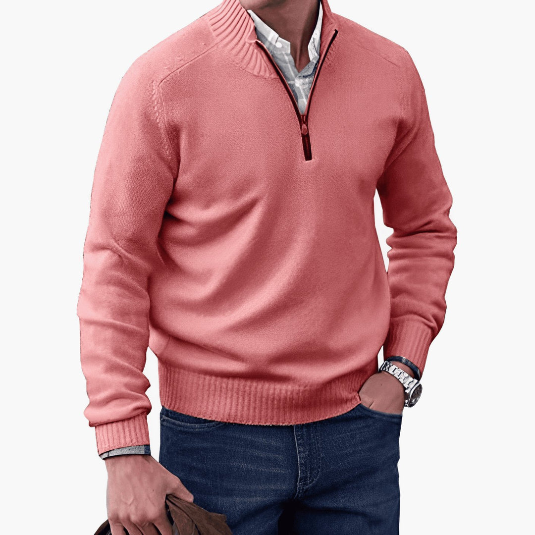 Men's Knitted Half-Zip Pullover Sweater Ribbed Stand Collar - Pink