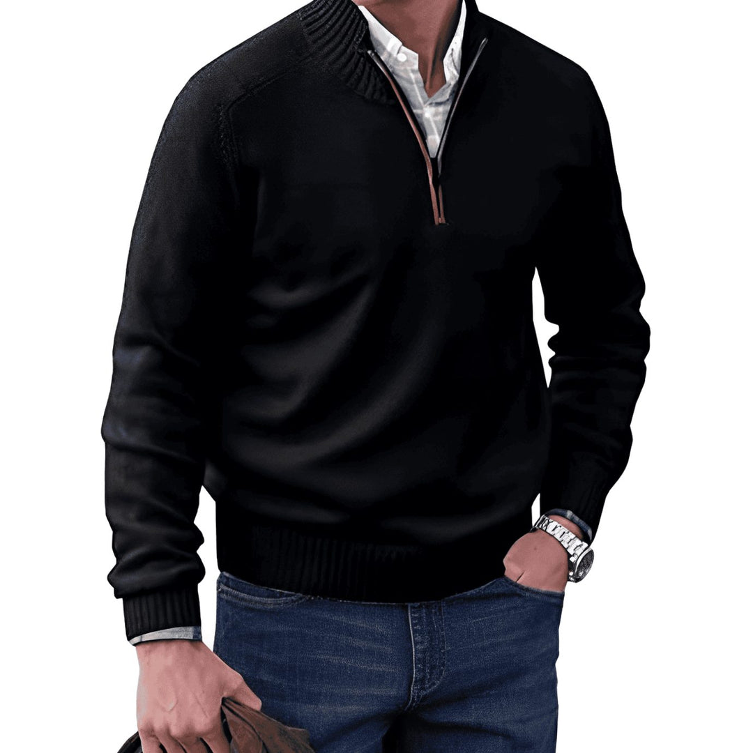 Men's Knitted Half-Zip Pullover Sweater Ribbed Stand Collar - Black