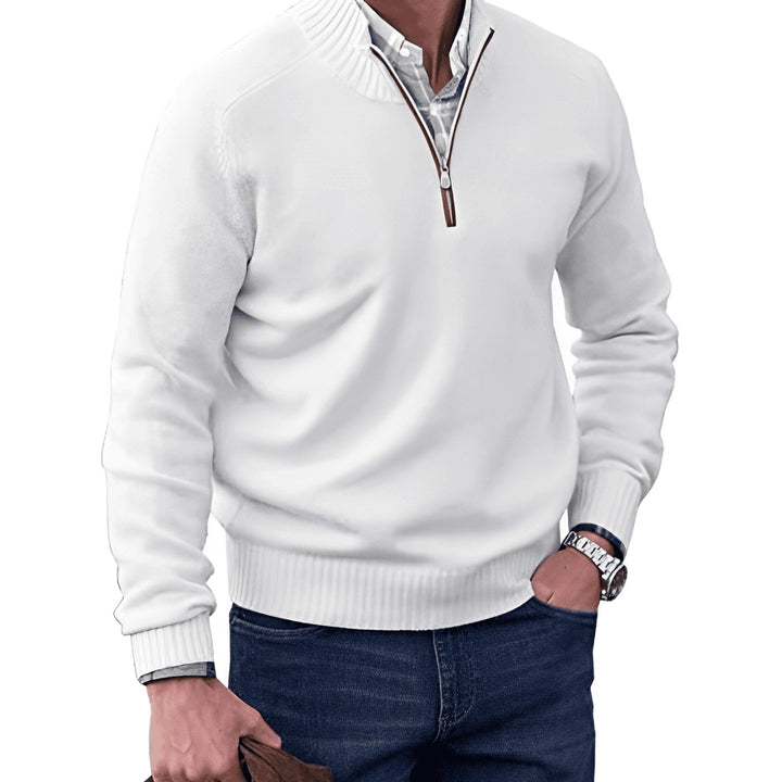 Men's Knitted Half-Zip Pullover Sweater Ribbed Stand Collar - White