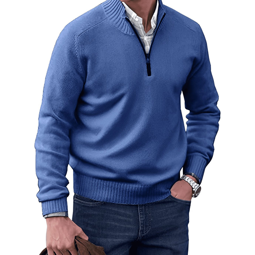 Men's Knitted Half-Zip Pullover Sweater Ribbed Stand Collar - Blue