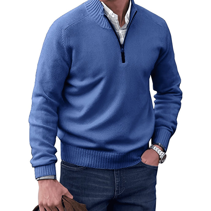 Men's Knitted Half-Zip Pullover Sweater Ribbed Stand Collar - Blue