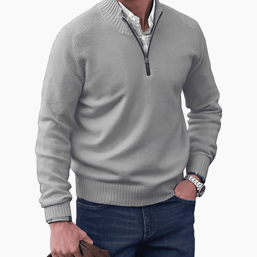 Men's Knitted Half-Zip Pullover Sweater Ribbed Stand Collar - Light Grey