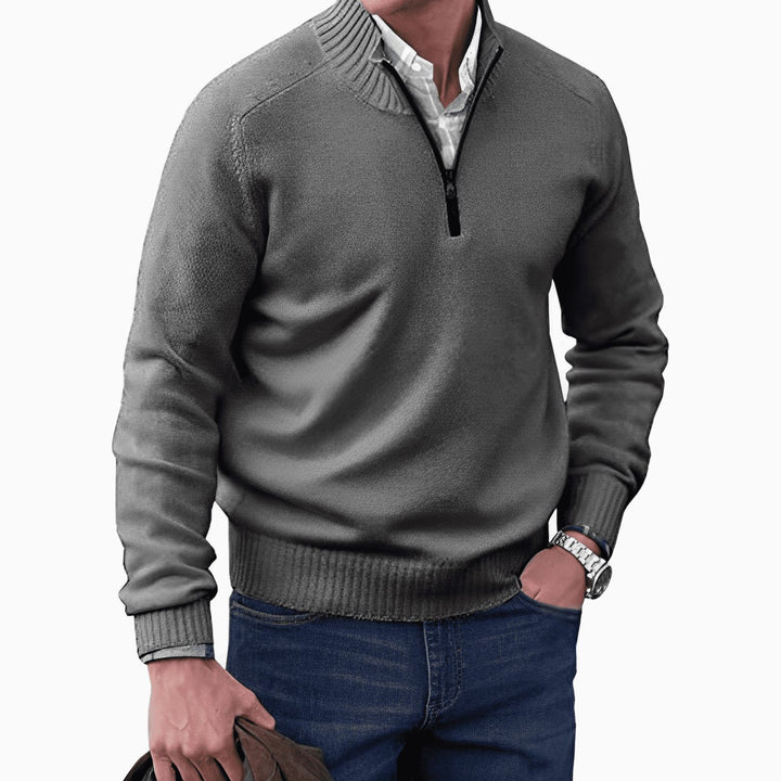 Men's Knitted Half-Zip Pullover Sweater Ribbed Stand Collar - Dark Grey