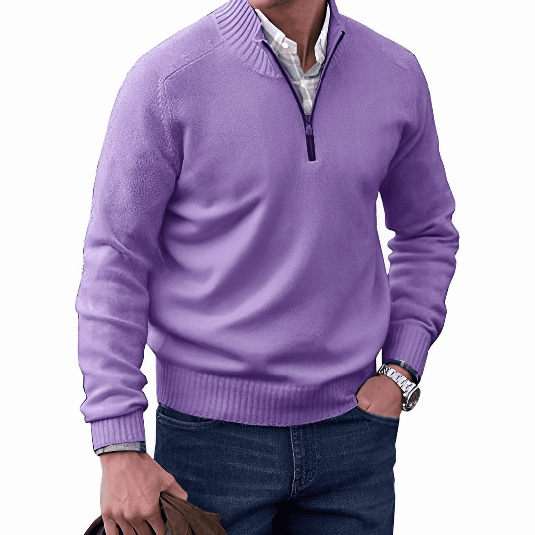 Men's Knitted Half-Zip Pullover Sweater Ribbed Stand Collar - Purple