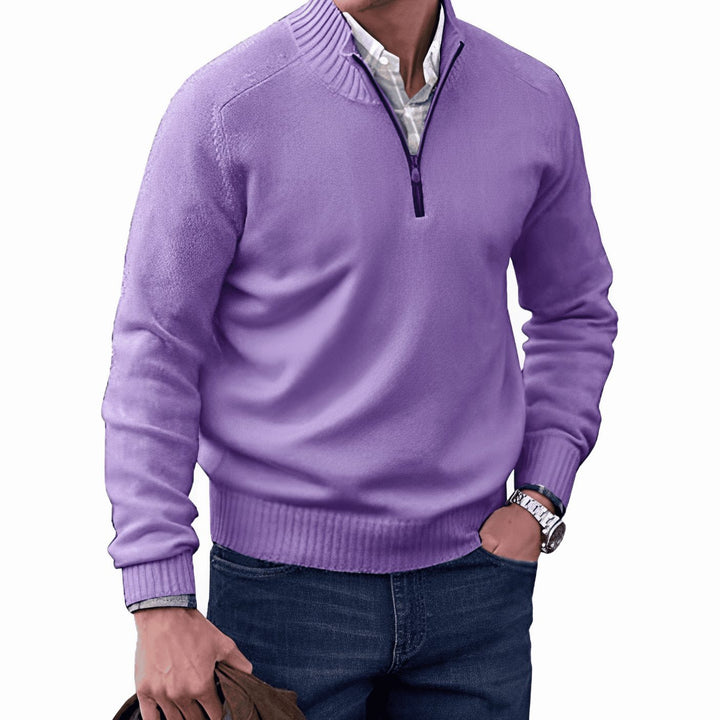 Men's Knitted Half-Zip Pullover Sweater Ribbed Stand Collar - Purple