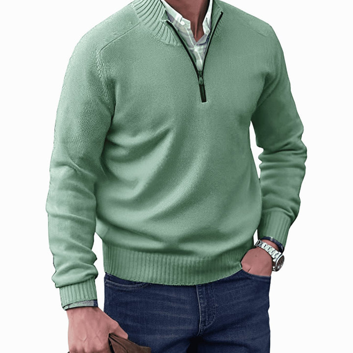 Men's Knitted Half-Zip Pullover Sweater Ribbed Stand Collar - Green