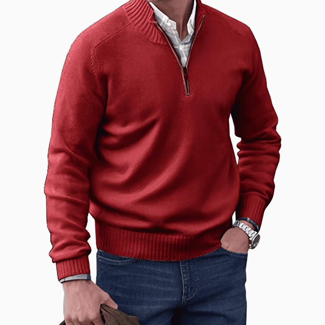 Men's Knitted Half-Zip Pullover Sweater Ribbed Stand Collar - Red