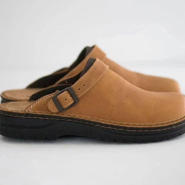 Men's Leather Buckle-Strap Slip-On Slipper Clogs