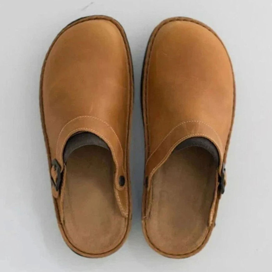 Men's Leather Buckle-Strap Slip-On Slipper Clogs