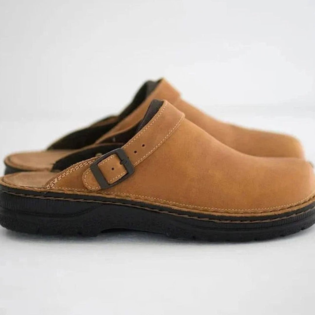 Men's Leather Buckle-Strap Slip-On Slipper Clogs - Coffee