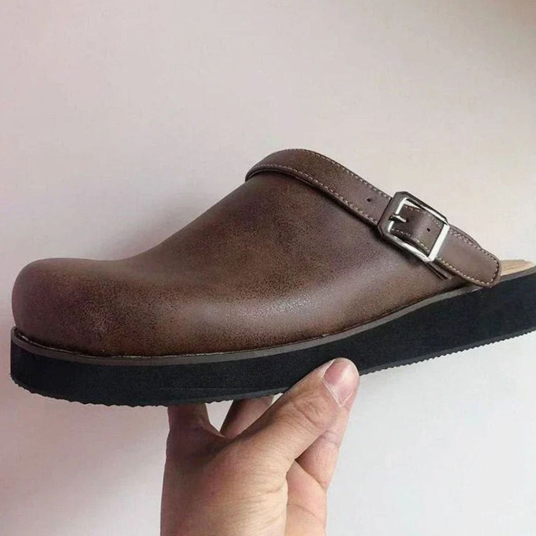 Men's Leather Buckle-Strap Slip-On Slipper Clogs