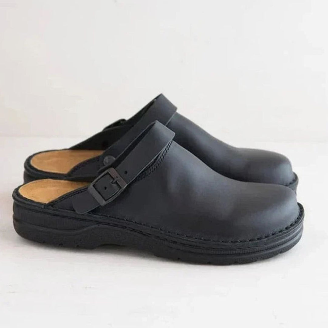 Men's Leather Buckle-Strap Slip-On Slipper Clogs - Black