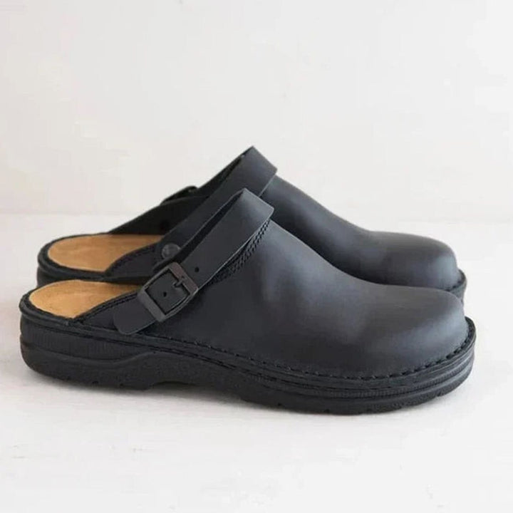 Men's Leather Buckle-Strap Slip-On Slipper Clogs - Black