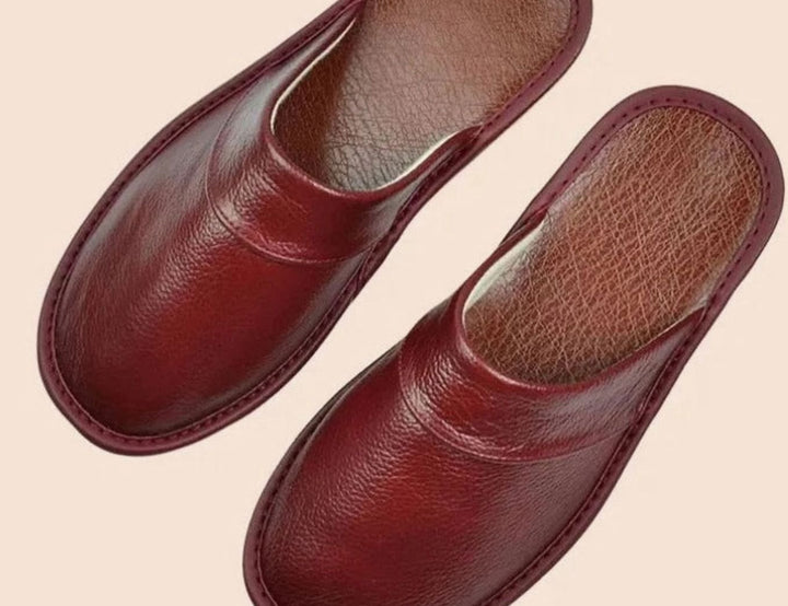 Men's Leather Slip-On Slippers Minimalist Indoor Mule - Wine Red