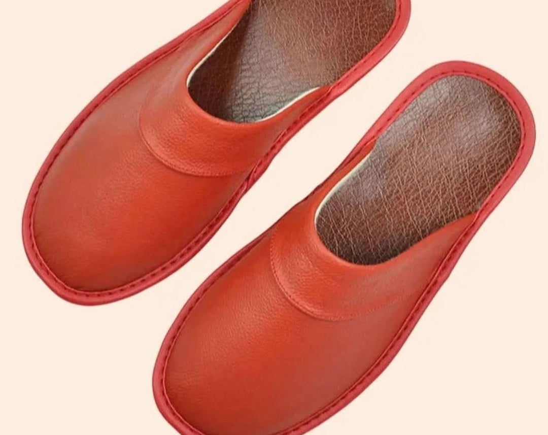Men's Leather Slip-On Slippers Minimalist Indoor Mule - Red