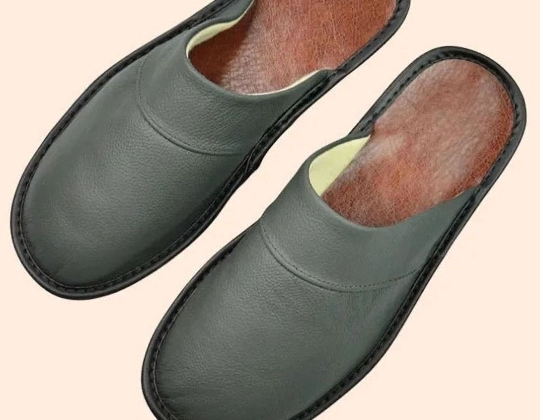 Men's Leather Slip-On Slippers Minimalist Indoor Mule - Gray