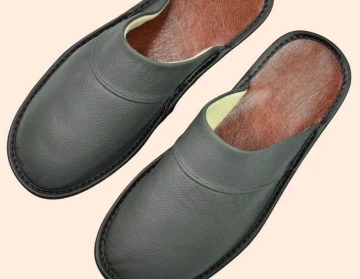 Men's Leather Slip-On Slippers Minimalist Indoor Mule - Gray