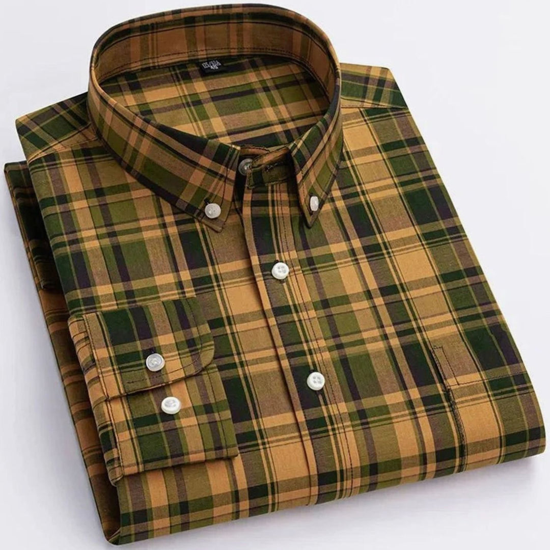 Men's Long-Sleeve Plaid Button-Down Shirt Chest Pocket - Brown