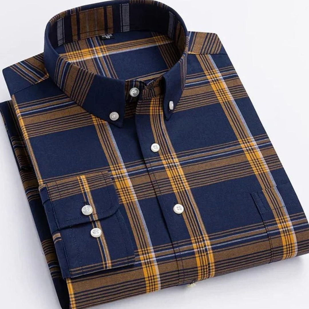 Men's Long-Sleeve Plaid Button-Down Shirt Chest Pocket - Dark Blue