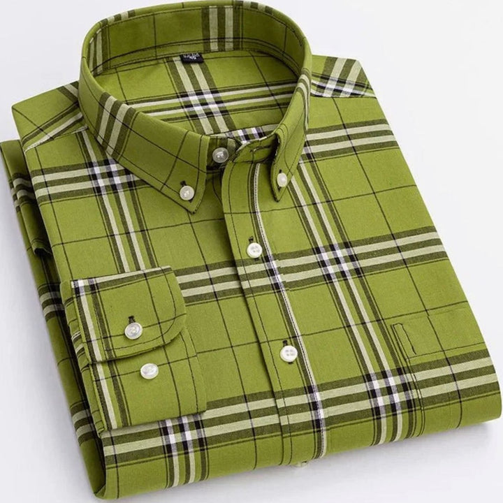 Men's Long-Sleeve Plaid Button-Down Shirt Chest Pocket - Green
