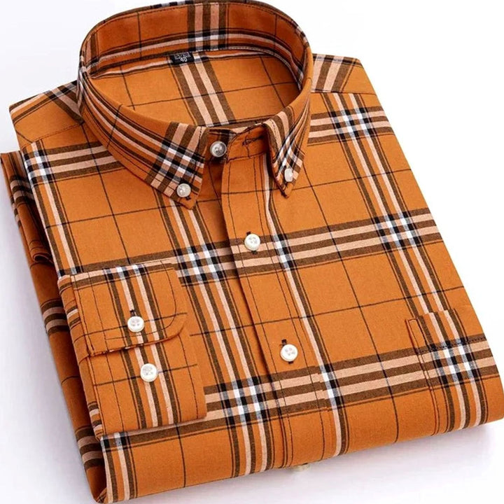 Men's Long-Sleeve Plaid Button-Down Shirt Chest Pocket - Orange