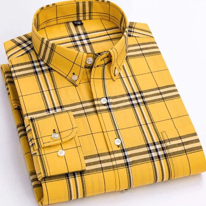 Men's Long-Sleeve Plaid Button-Down Shirt Chest Pocket - Yellow