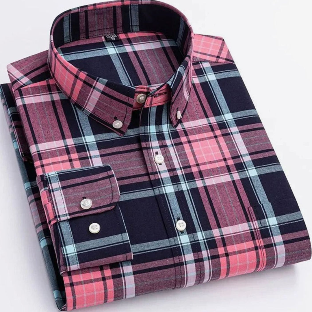 Men's Long-Sleeve Plaid Button-Down Shirt Chest Pocket - Pink